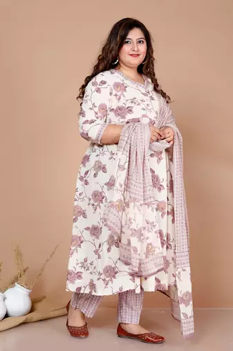 Pink Floral Print Anarkali Kurta With Palazzo & Dupatta set - Plus Size