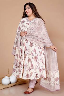 Pink Floral Print Anarkali Kurta With Palazzo & Dupatta set - Plus Size 3