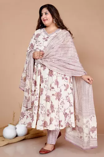 Pink Floral Print Anarkali Kurta With Palazzo & Dupatta set - Plus Size