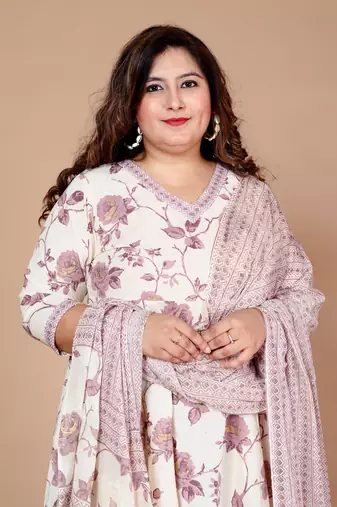 Pink Floral Print Anarkali Kurta With Palazzo & Dupatta set - Plus Size