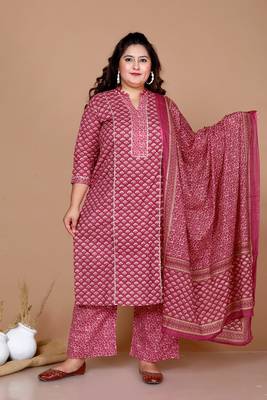 Pink Straight Floral Printed Kurta & Palazzo with Dupatta set - Plus Size 1