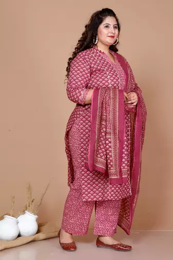 Pink Straight Floral Printed Kurta & Palazzo with Dupatta set - Plus Size