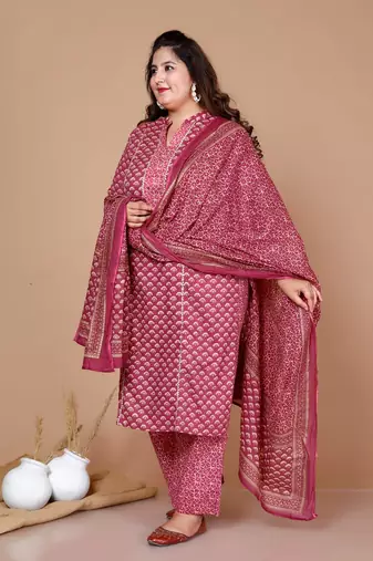 Pink Straight Floral Printed Kurta & Palazzo with Dupatta set - Plus Size