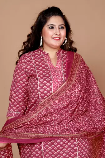 Pink Straight Floral Printed Kurta & Palazzo with Dupatta set - Plus Size