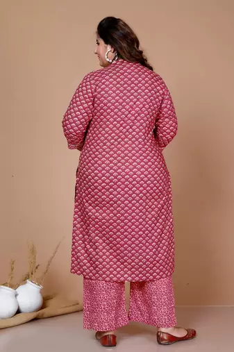 Pink Straight Floral Printed Kurta & Palazzo with Dupatta set - Plus Size