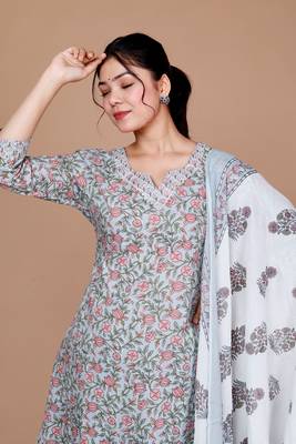 Blue Gota Patti Cotton Kurta With Palazzo And Dupatta - Plus Size 4