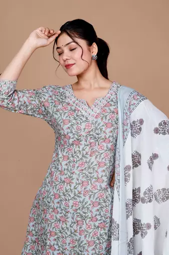 Blue Gota Patti Cotton Kurta With Palazzo And Dupatta - Plus Size