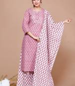 Women Pink Floral Printed Gotta Patti Pure Cotton Kurta with Palazzos & With Dupatta - Plus Size