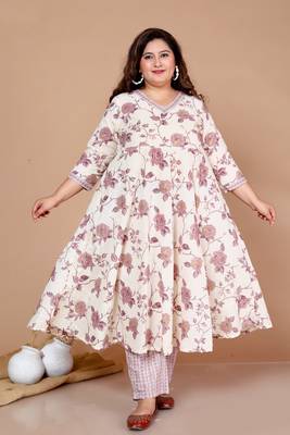 Pink Floral Printed Jaipuri Anarkali Kurta with Palazzo - Plus Size 1