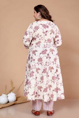 Pink Floral Printed Jaipuri Anarkali Kurta with Palazzo - Plus Size 4