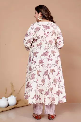 Pink Floral Printed Jaipuri Anarkali Kurta with Palazzo - Plus Size
