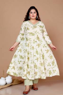 Plus Size Green Floral Printed Jaipuri Anarkali Kurta with Palazzo - Plus Size 1