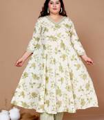 Plus Size Green Floral Printed Jaipuri Anarkali Kurta with Palazzo - Plus Size