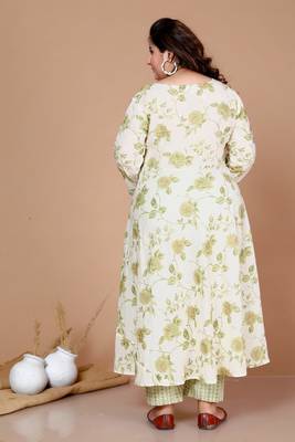 Plus Size Green Floral Printed Jaipuri Anarkali Kurta with Palazzo - Plus Size 3