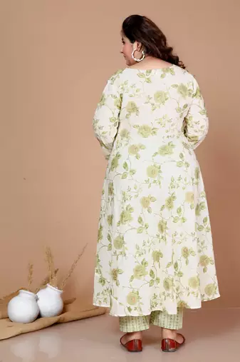 Plus Size Green Floral Printed Jaipuri Anarkali Kurta with Palazzo - Plus Size