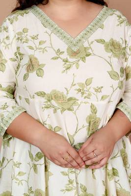 Plus Size Green Floral Printed Jaipuri Anarkali Kurta with Palazzo - Plus Size 5