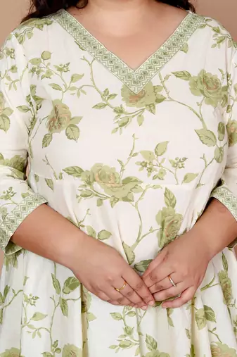 Plus Size Green Floral Printed Jaipuri Anarkali Kurta with Palazzo - Plus Size