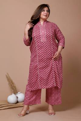 Pink Printed Gota Patti Cotton Kurta With Palazzo - Plus Size 1