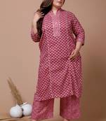 Pink Printed Gota Patti Cotton Kurta With Palazzo - Plus Size