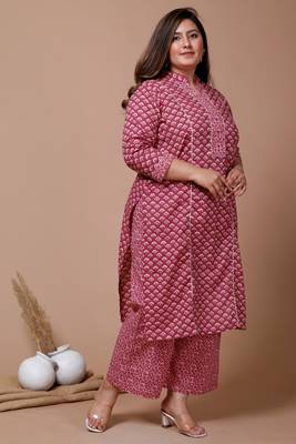 Pink Printed Gota Patti Cotton Kurta With Palazzo - Plus Size 2