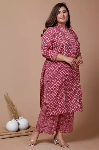 Pink Printed Gota Patti Cotton Kurta With Palazzo - Plus Size