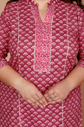 Pink Printed Gota Patti Cotton Kurta With Palazzo - Plus Size