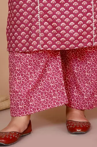 Pink Printed Gota Patti Cotton Kurta With Palazzo - Plus Size