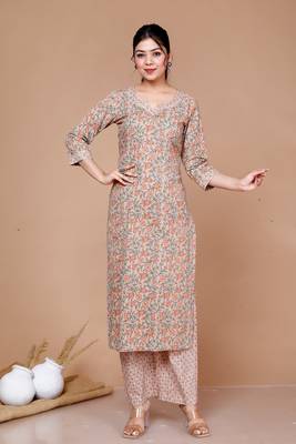 Pure Cotton Printed Straight Kurta And Palazzo - Plus Size 1