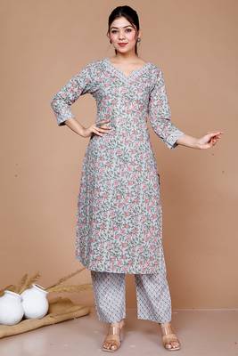 Cotton Floral Printed Straight Kurta Palazzo - Plus Size 1