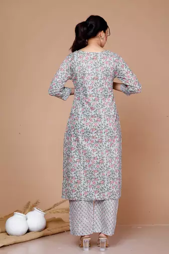 Cotton Floral Printed Straight Kurta Palazzo - Plus Size