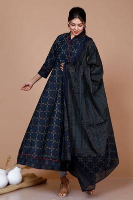 Blue Abstract Printed & Tasseles Angrakha Kurta with Blue Dupatta set - Plus Size 2