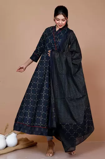 Blue Abstract Printed & Tasseles Angrakha Kurta with Blue Dupatta set - Plus Size