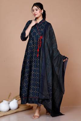Blue Abstract Printed & Tasseles Angrakha Kurta with Blue Dupatta set - Plus Size 3