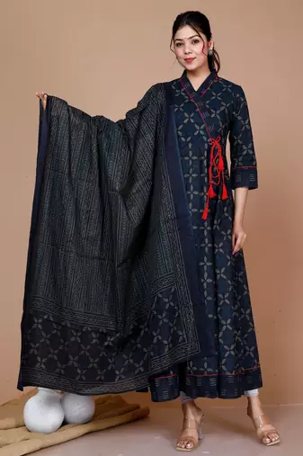 Blue Abstract Printed & Tasseles Angrakha Kurta with Blue Dupatta set - Plus Size