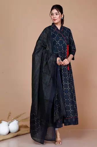 Blue Abstract Printed & Tasseles Angrakha Kurta with Blue Dupatta set - Plus Size