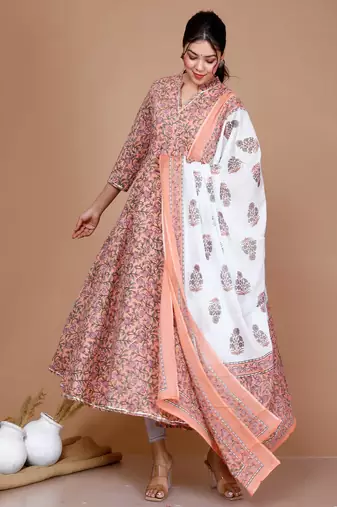 Orange Partywear Floral Printed Anarkali Kurta Dupatta - Plus Size