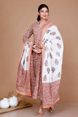 Orange Partywear Floral Printed Anarkali Kurta Dupatta - Plus Size 3