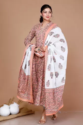 Orange Partywear Floral Printed Anarkali Kurta Dupatta - Plus Size