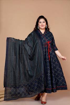 Blue Abstract Printed & Tasseles Angrakha Kurta with Blue Dupatta set - Plus Size 1