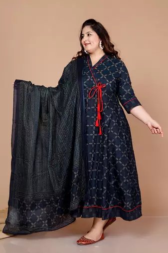 Blue Abstract Printed & Tasseles Angrakha Kurta with Blue Dupatta set - Plus Size
