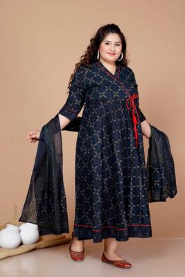 Blue Abstract Printed & Tasseles Angrakha Kurta with Blue Dupatta set - Plus Size 3