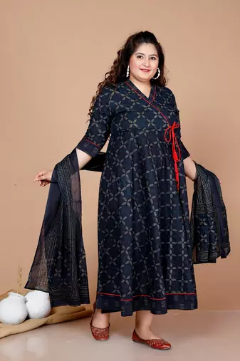 Blue Abstract Printed & Tasseles Angrakha Kurta with Blue Dupatta set - Plus Size