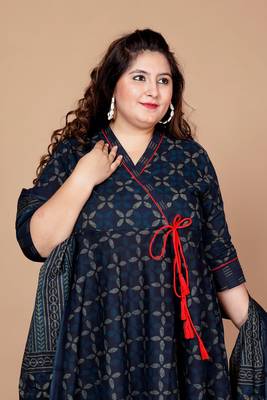 Blue Abstract Printed & Tasseles Angrakha Kurta with Blue Dupatta set - Plus Size 4
