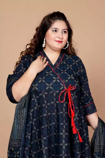 Blue Abstract Printed & Tasseles Angrakha Kurta with Blue Dupatta set - Plus Size