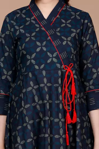 Floral Print Ankle Length Anarkali - Angrakha Style Kurta - Plus Size