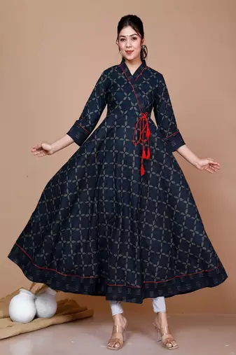 Floral Print Ankle Length Anarkali - Angrakha Style Kurta - Plus Size