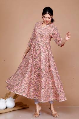 Orange Floral Printed Thread Work Anarkali Kurta - Plus Size 4