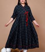 Navy Blue Printed Angrakha Kurta - Plus Size