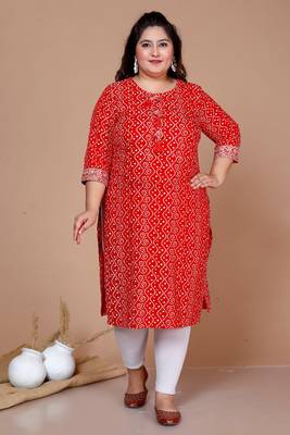 Red Bandhani Printed Straight Kurta - Plus Size 1