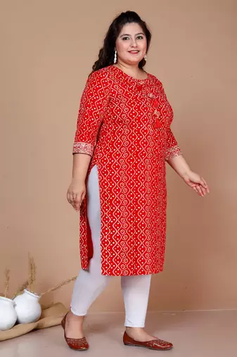 Red Bandhani Printed Straight Kurta - Plus Size